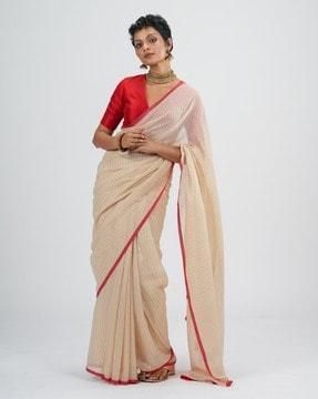 striped cotton saree with tassels