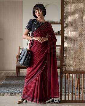 striped cotton saree with tassels