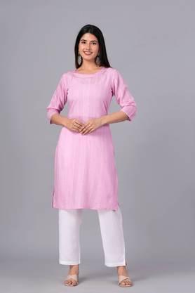 striped cotton sequinned kurta with trousers & dupatta - pink