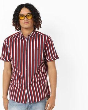 striped cotton shirt with button patch pocket