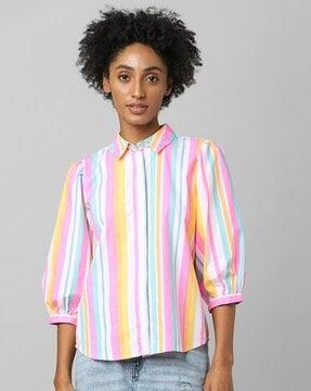 striped cotton shirt with puffed sleeves