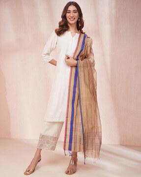 striped cotton silk dupatta with tassels