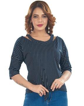 striped cotton top with waist tie-up