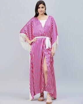 striped cover-up dress with tie-up belt