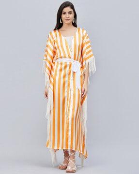 striped cover-up dress with tie-up belt