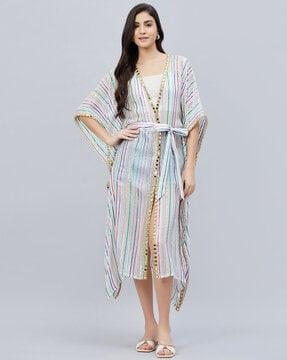 striped cover-up dress with tie-up belt