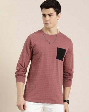 striped crew-neck t-shirt with contrast patch pocket