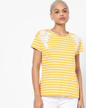 striped crew-neck t-shirt with lace applique