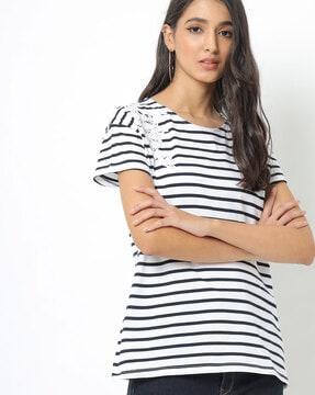 striped crew-neck t-shirt with lace applique