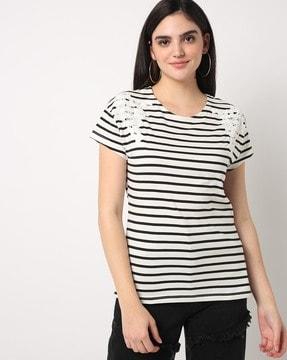 striped crew-neck t-shirt with lace