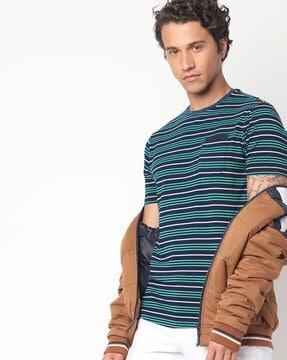 striped crew-neck t-shirt with patch pocket