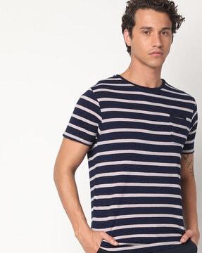 striped crew-neck t-shirt with patch pocket