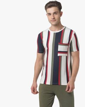 striped crew-neck t-shirt with patch pocket