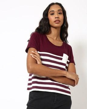 striped crew-neck t-shirt with patch pocket