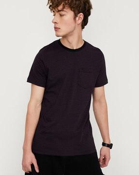 striped crew-neck t-shirt with patch pocket