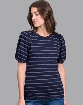 striped crew-neck t-shirt with puff sleeves