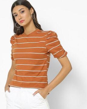 striped crew-neck t-shirt with ruched sleeves