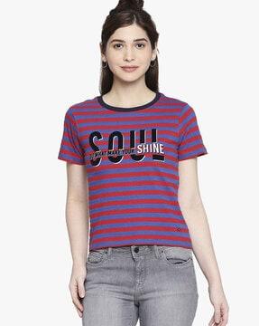 striped crew-neck t-shirt with typographic print