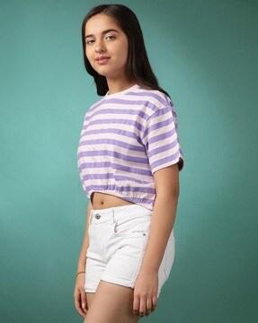 striped crew-neck top with cinched waist