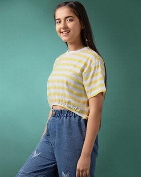 striped crew-neck top with cinched waist