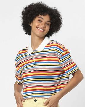 striped crop polo t-shirt with button placket