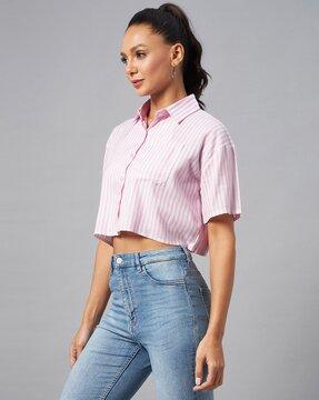 striped crop shirt with patch pocket