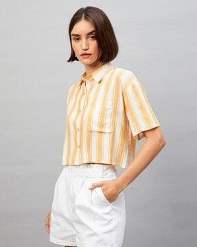 striped crop shirt with patch pocket