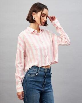 striped crop shirt with spread-collar