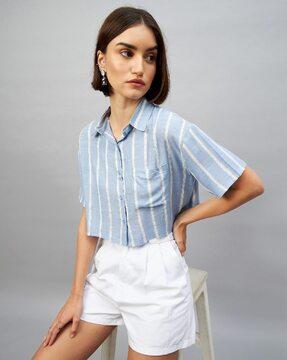 striped crop shirt with spread-collar