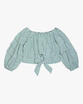 striped crop top with pleated sleeve