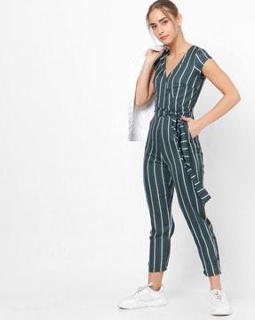 striped cropped jumpsuit with waist tie-up