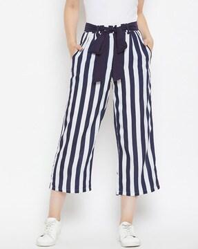 striped culottes with waist tie-up