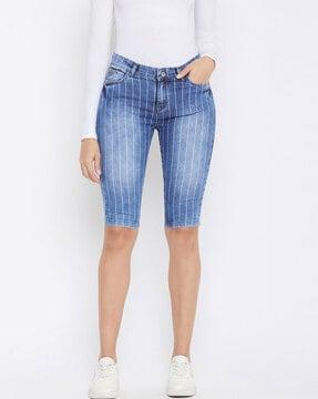 striped denim shorts with insert pockets