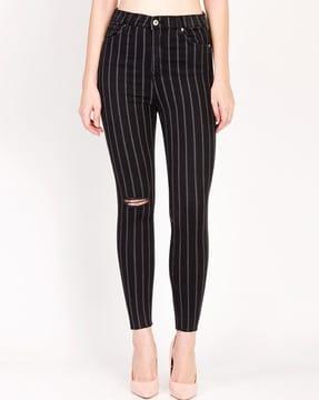 striped distressed skinny fit jeans