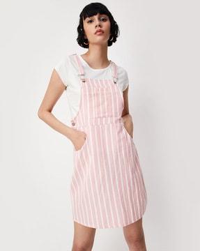 striped dungaree dress with slip-pockets