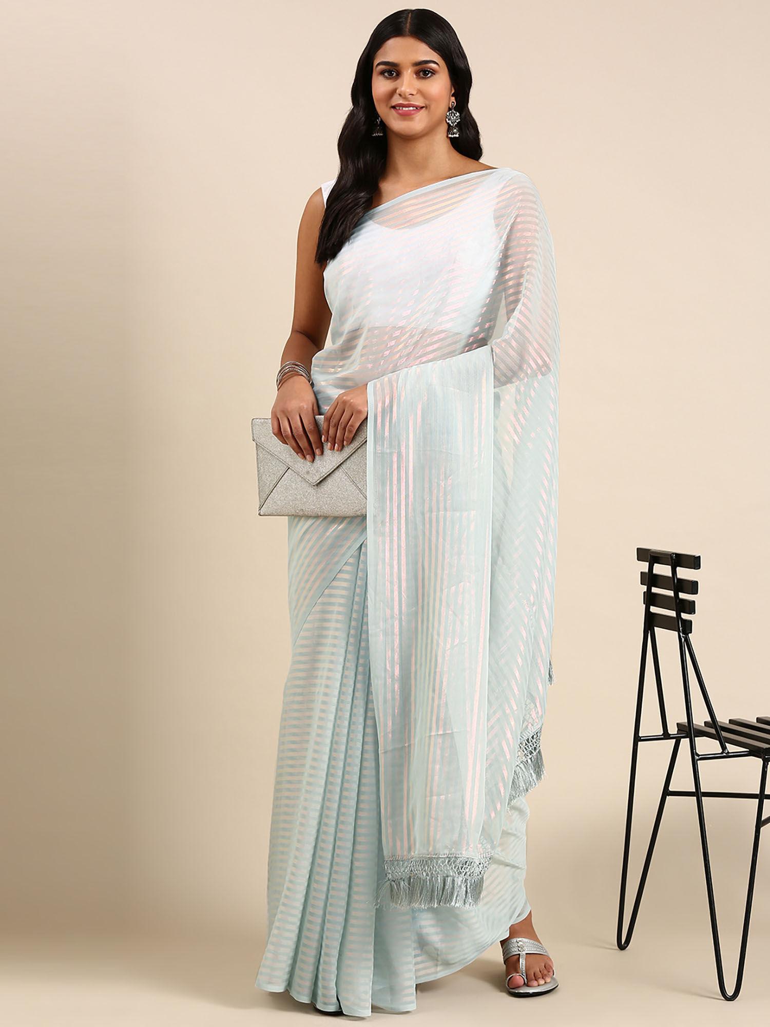 striped embroidered saree with unstitched blouse