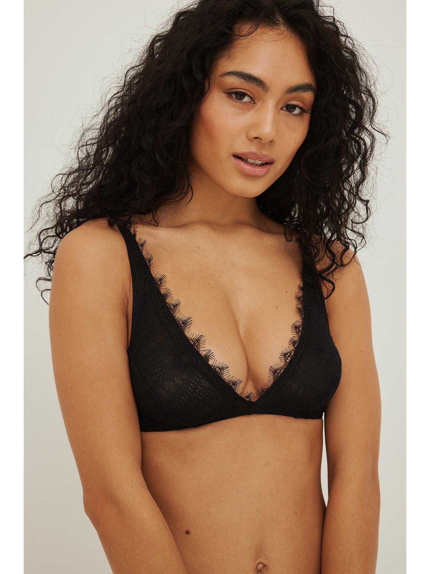 striped eyelash lace triangle top - black