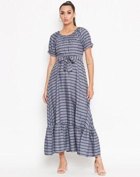 striped fit & flare dress with belt