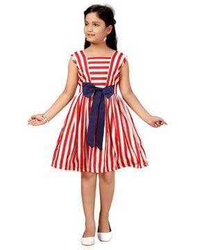 striped fit & flare dress with bow accent