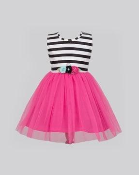 striped fit & flare dress with floral applique