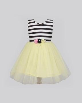 striped fit & flare dress with floral applique