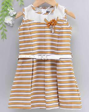 striped fit & flare dress with round neck