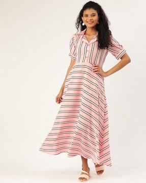 striped fit & flare shirt dress with tie-up