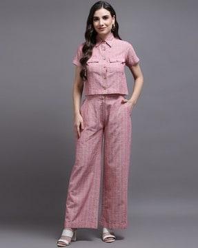 striped flap pockets top with pants set