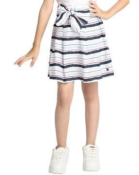 striped flared skirt with bow accent