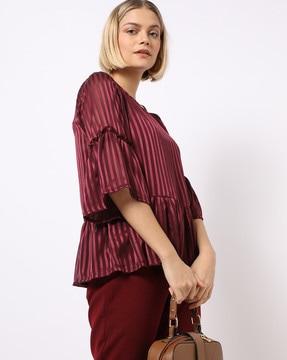 striped flared top with gathered sleeves