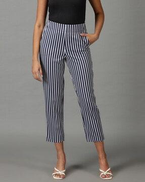 striped flat-front trousers with insert pockets