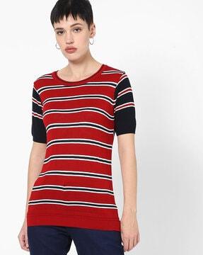 striped flat-knit crew-neck pullover