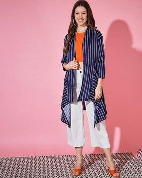 striped front-open shrug with asymmetric hem