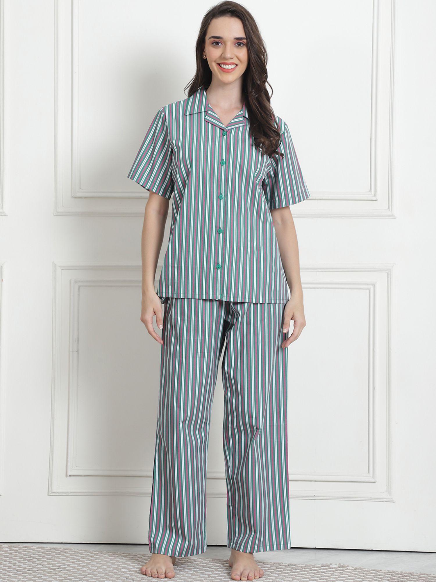 striped green cotton night suit (set of 2)